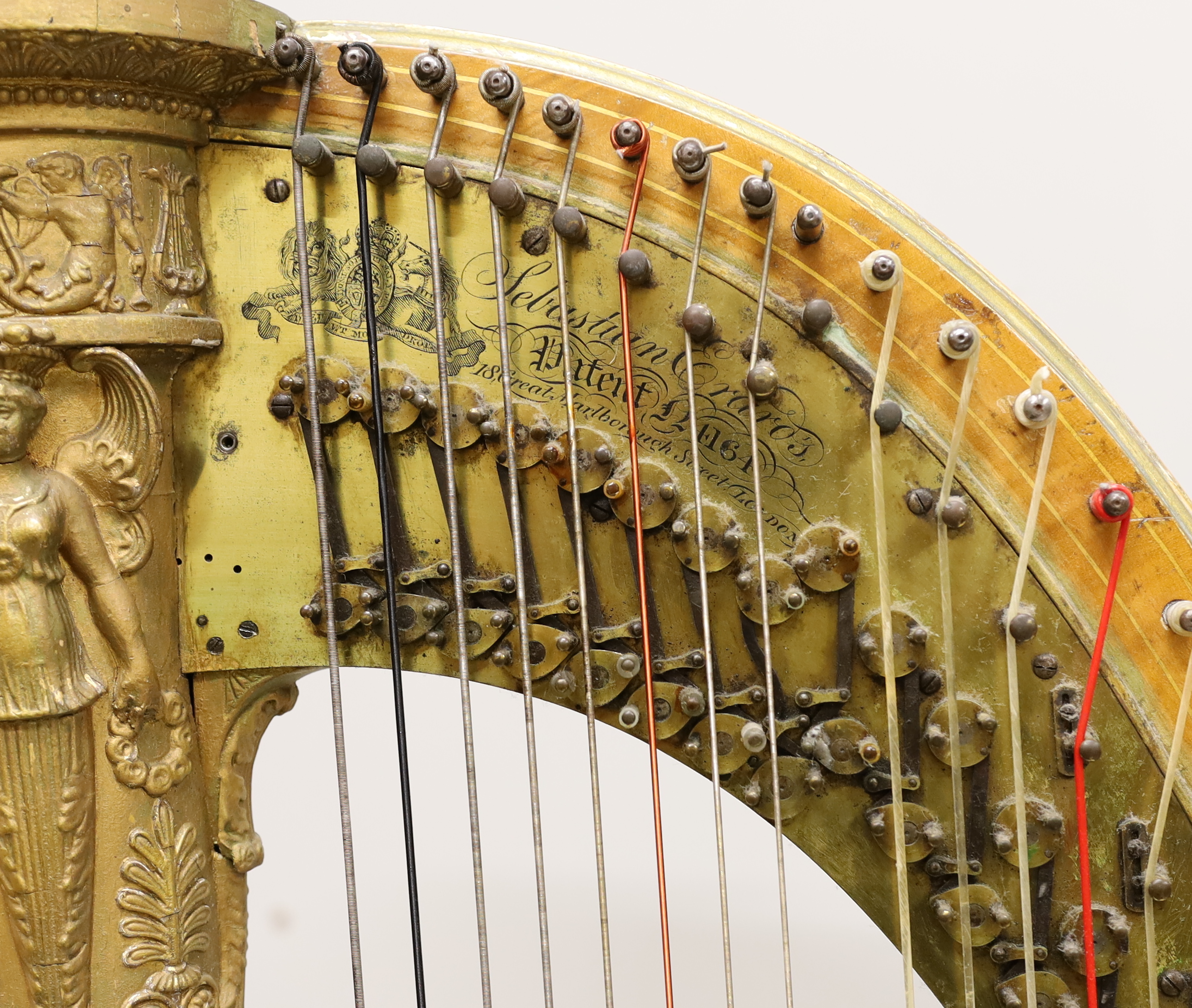 A seven pedal harp by Sebastian Erard, 18 Great Marlborough St. London, Patent N4164, cedar soundboard, fluted pillar with gilt Classical style capital, 170.5cm high